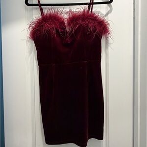 Windsor Burgundy Feather Trim Mini Dress